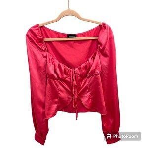 Majorelle Pink Front Tie Corset Blouse Pink Puff Sleeve Satin EUC M C0582